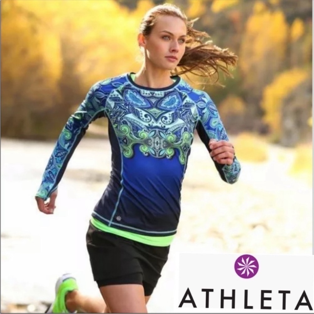 Athleta Runaway Long Sleeve Paisley Blue Green Top Sz: S